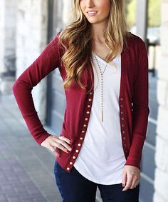 Look what I found on #zulily! Burgundy Snap Cardigan by So Perla #zulilyfinds Fall Sweaters For Women, Look Rose, Cardigan Sweater Coat, Long Sleeve Knit Sweaters, Burgundy Sweater, Button Cardigan, Knitting Women Sweater, Cardigan Sweaters For Women