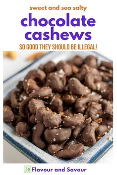 chocolate cashews in a blue bowl with the title, sweet and savory chocolate cashews so good they should be illegal