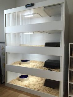 a white bunk bed with sand in front of it and shelves below the bed that hold various items