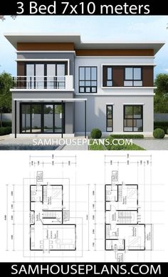 two story house plan with 3 beds and 4 bathrooms in the front, three floors on each