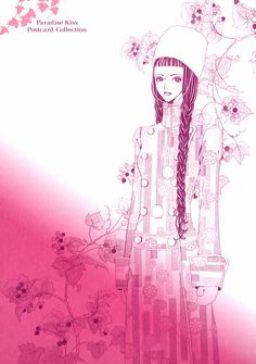 a woman with long hair standing in front of flowers and butterflies on a pink background