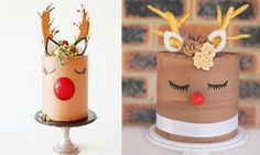 two cakes decorated to look like reindeers with horns and flowers on their heads, one is brown and the other is red