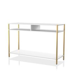 a white and gold shelf with two shelves on each side, against a white background