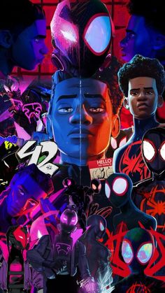 a collage of spider - man and other characters in front of bright colored background