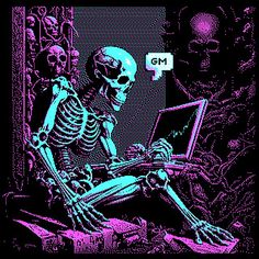 a skeleton sitting in front of a laptop computer