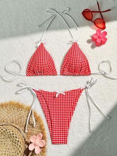 SHEIN USA Gingham Swimwear For Sunbathing During Beach Season, Plaid Triangle Top Beachwear Swimwear, Plaid Triangle Top Swimwear For Beachwear, Plaid Swimwear For Vacation Beach Season, Plaid Swimwear For Poolside And Beach Season, Plaid Swimwear For Summer Vacation, Plaid Swimwear For Spring Vacation, Gingham Swimwear For Summer Beach Party, Plaid Summer Swimwear