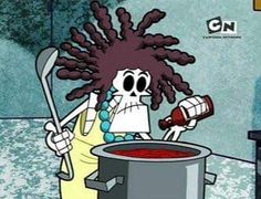 a cartoon character with dreadlocks cooking food in a crock pot on the stove