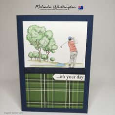 a card with a man playing golf on the green and blue plaid background that says it's your day