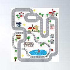 a road map with houses and trees on the sides, along with a boat in the middle