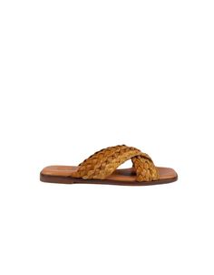 The Majete Sandal boasts a trendy half leather, half raffia upper in a striking yellow hue. Perfect for summer, it features a cushioned sole and chic square toe. The perfect choice for poolside lounging or your spring outfit. Chic Brown Straw Sandals, Natural Woven Leather Sandals For Summer, Brown Straw Flat Sandals, Spring Closed Toe Sandals With Intrecciato Weave, Brown Flat Straw Sandals, Chic Brown Woven Sandals, Brown Braided Sandals For The Beach, Chic Natural Sandals With Leather Sole, Brown Woven Straw Sandals