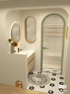 a bathroom with a sink, mirror and shower stall in the middle of the room