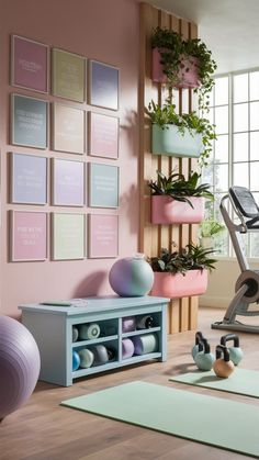 a room with exercise equipment and yoga mats