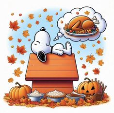 a snoopy thanksgiving scene with pumpkins, turkey and other food items in the background