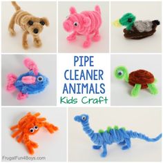 crocheted pipe cleaner animals are featured in this collage with the words, pipe cleaner animals kids craft