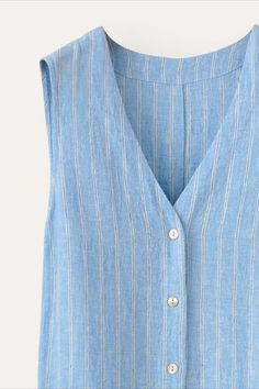 High-twist linen in Cornflower. Peplum Hem, Horizontal Stripes