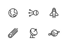 black and white line icons with space related items on them, such as rocket ship, satellite dish, earth globe, radio antenna