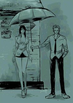 a drawing of a man and woman holding an umbrella over their heads while standing next to each other