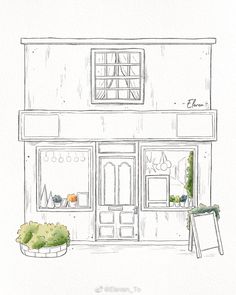 a drawing of a store front with plants outside