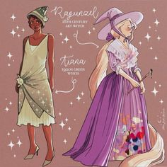 two women in dresses and hats with stars on the background