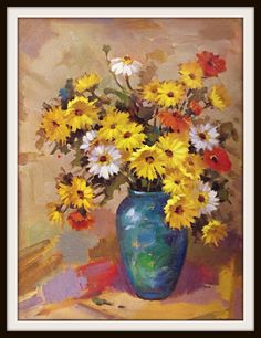 a painting of yellow and white flowers in a blue vase