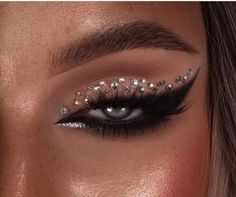 Black Eye Makeup With Gems, Black Rhinestone Makeup, Makeup With Silver, Eye Makeup With Gems, Bedazzled Makeup, Purim Makeup, Grad Makeup, Ball Makeup