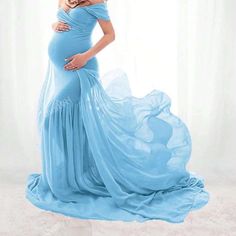 Sky Blue, Off The Shoulder, High Low Dress, Chiffon, 100% Polyester, Semi-Sheer, Medium Stretch. Never Worn Only Put On To Take Picture Blue Baby Shower Dress For Mom, Powder Blue Maternity Dress, Baby Blue Maternity Dress, Light Blue Fitted Maternity Maxi Dress, Blue Baby Shower Dress, Elegant Blue Floor-length Maternity Dress, Blue Floor-length Maternity Dress, Long Train, Baby Shower Dresses