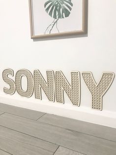 the word sony spelled in wood letters on a wall next to a framed painting and wooden flooring