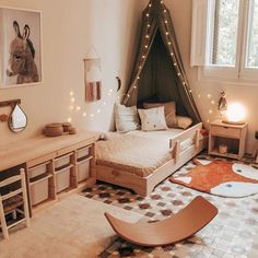 a child's bedroom with a teepee bed, desks and lights on the wall