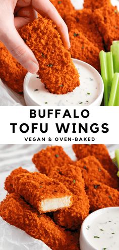 buffalo tofu wings with dipping sauce and celery