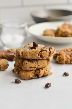 chocolate chip cookies stacked on top of each other