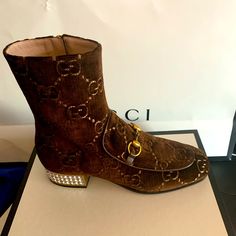 Worn Once Velvet Gg Print..Brown Velvet Gucci Brown Boots For Fall, Designer Gucci Boots, Gucci Platform Sandals, Gucci Ankle Boots, Gucci High Top Sneakers, Gucci High Tops, Gucci Fabric, Black Loafer Shoes, Gucci Boots