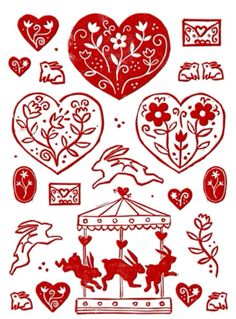 some heart shaped stickers are shown in red on white background, and there is an image of a carousel