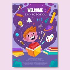 a young boy is reading a book in front of the back to school poster template