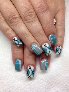 A #cute and quirky looking plaid #nails art #design. The fresh color combination of white, green blue, gray and black colors are visually appealing and simply jump out of the nails. Argyle Nails, Plaid Nail Designs, Nagel Stamping, Gray Art, Nails Blue