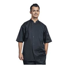 Make sure your chefs are dressed in the best with this Uncommon Chef Florence unisex black short sleeve chef coat with mesh back. This coat is made from a special blend of 55% polyester, 42% cotton, and 3% spandex. Durable enough to withstand busy kitchens, this light weight fabric allows for a high range of flexibility and movement, and it's stretchy and breathable, ensuring comfort throughout shifts. The short sleeve design helps keep you cool in hot kitchens, while the heather mesh back provi Chef Coat, Short Sleeve Design, Design Help, Keep Your Cool, Sleeve Designs, In Hot, Black Shorts, Athleisure, Florence