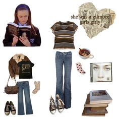 a collage of different items including jeans, t - shirt and shoes with the words she was a glamora girl on it