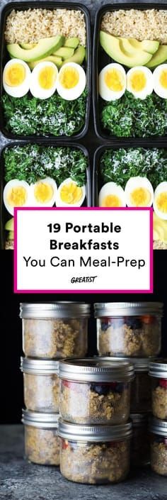 an assortment of breakfasts in containers with the words, 19 portable breakfasts you can meal prep