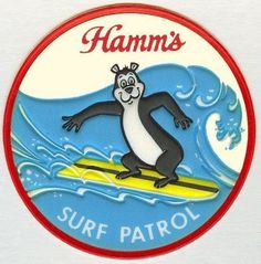 a sticker with an image of a cartoon character on a surfboard in the water