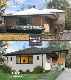 before and after photos of a brick and batten house in the fall or winter