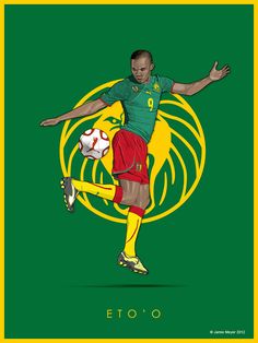 a man kicking a soccer ball in front of a green background with the word eto written