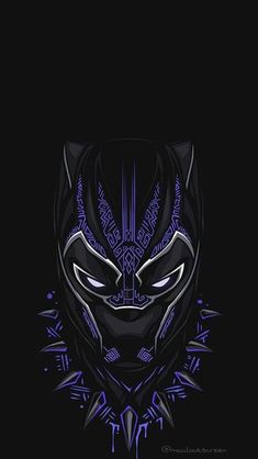 a black panther mask with purple and blue accents on it's face, against a dark background