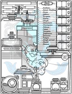 a drawing of a kitchen with lots of things on the counter and in front of it