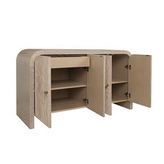 the sideboard is made out of wood and has two open doors on each side