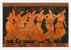 an orange and black vase with some women on it's side, in the style of ancient greek art