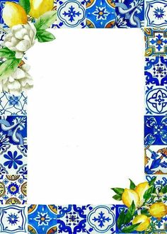 a blue and white tile border with yellow flowers