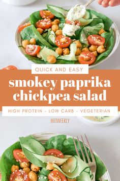 a bowl filled with spinach and chickpea salad on top of a white table