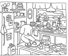 a black and white drawing of a child cooking in the kitchen with food on the counter