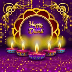 happy diwali greeting card with lit candles on purple and gold background for diwali festival