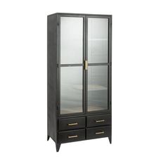 a tall black cabinet with glass doors and gold trimmings on the bottom shelf