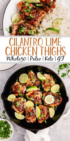 chicken thighs with limes and rice in a skillet